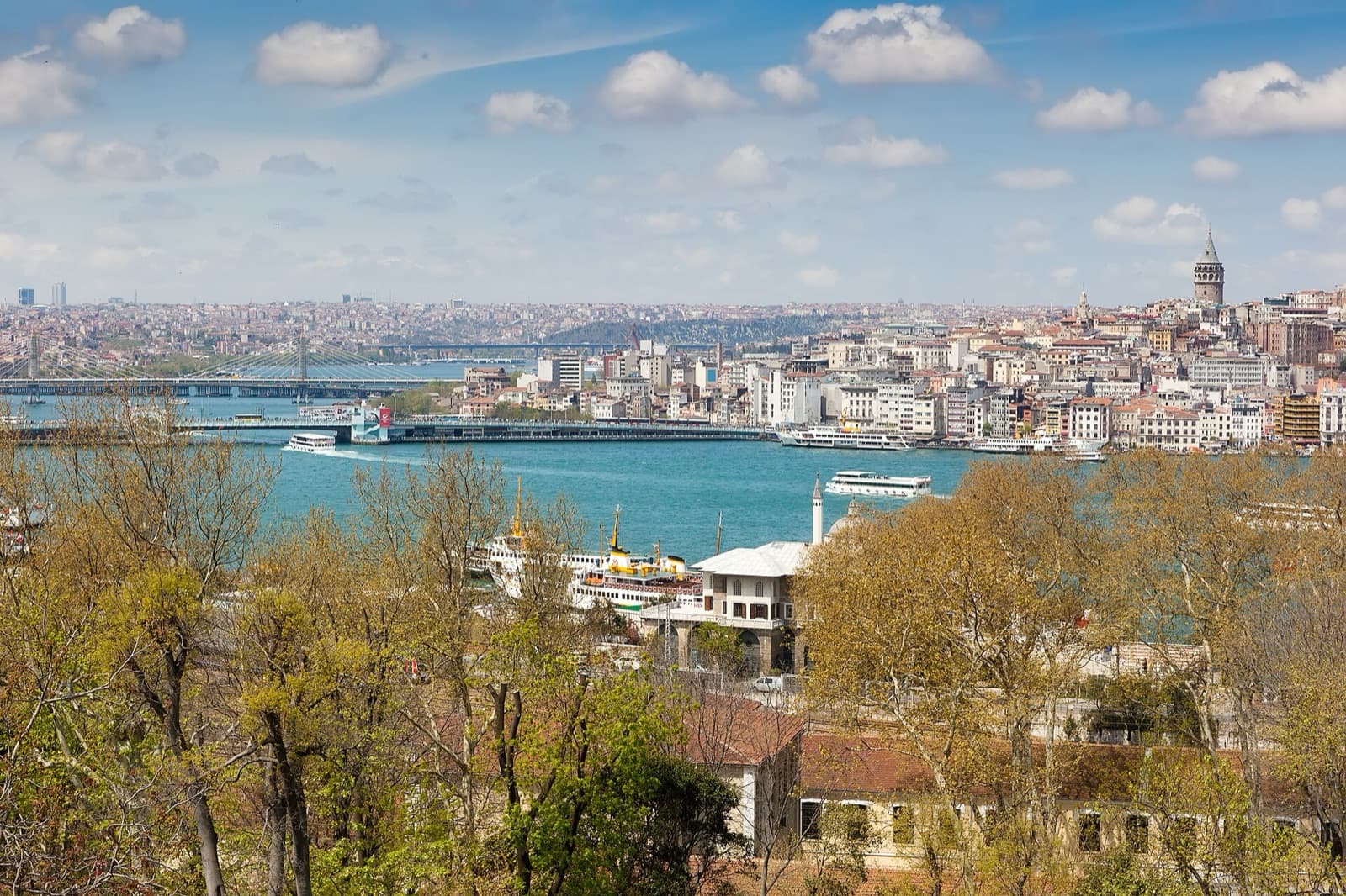 Daytime panorama of the Golden Horn with ferries and the Galata skyline, Istanbul